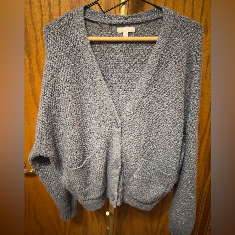 LC LAUREN CONRAD WOMEN'S FRONT BUTTON LAVENDAR SILVER SHIMMER CARDIGAN LARGE